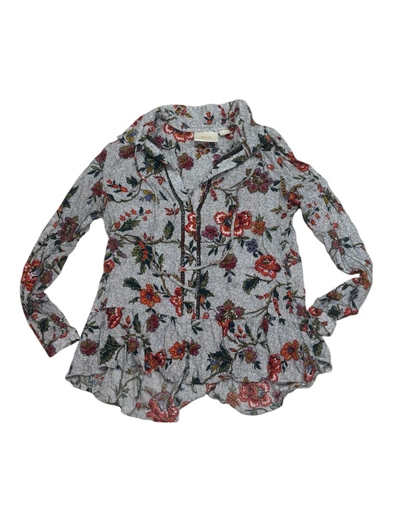 Anthropologie Tops - Anthropologie Gray Floral Henley Peplum Top with Red & Green Accents